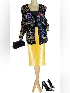 VINTAGE CIRCA 1980'S AVALON BLACK W/COLORFUL SEQUINS SILK OPEN-FRONT JACKET (XL)